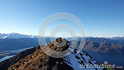 Lake Wanaka lookout from Roys Peak in winter, New Zealand Stock Photo