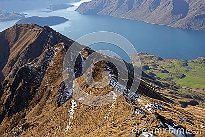 Lake Wanaka from top of Roys Peak track in winter, New Zealand Stock Photo