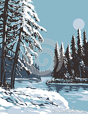 Lake Waskesiu in Prince Albert National Park During Winter in Saskatchewan Canada WPA Poster Art Vector Illustration