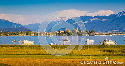 Lake Zurich with the historic town of Rapperswil at sunset, Switzerland Stock Photo