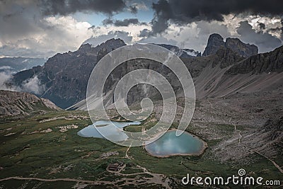 Lakes Lago dei Piani with Paternkofel mountains in the Dolomite Alps in South Tyrol during summer from above Stock Photo