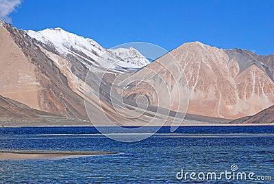 Lakescape Nature Scene of Pangong tso or Pangong Lake with Snow mountain background is best famous destination at Leh Ladakh ,Jam Stock Photo