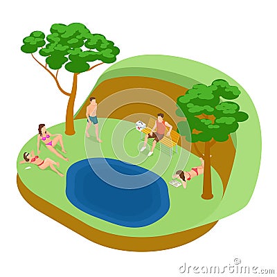 Lakeside beach, tan women and men isometric vector concept Vector Illustration