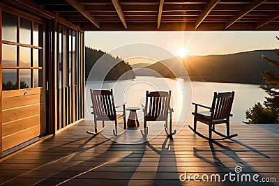A lakeside cabin living room bathed in golden Stock Photo