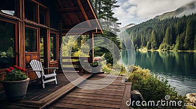A lakeside cabin with a wooden porch overlooking a serene mountain lake. Stock Photo