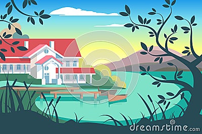 Lakeside Country House Retreat Vector Illustration