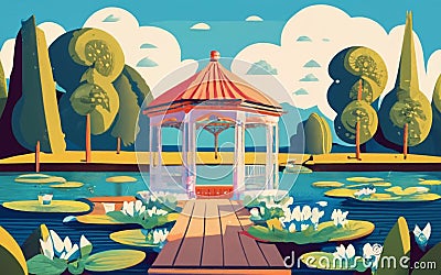 Lakeside gazebo surrounded by water lilies., illustration Cartoon Illustration