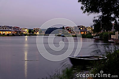 Lakeside holiday homes in Netherlands, night scene Editorial Stock Photo