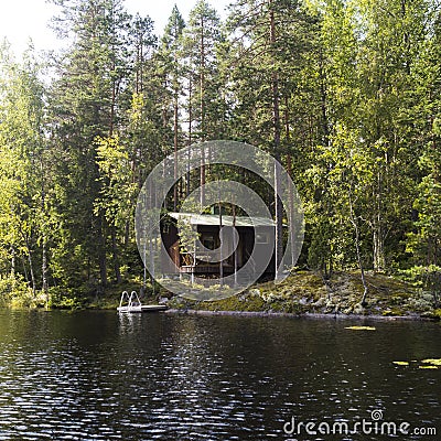 Lakeside House and Swimming Platform - Finland Stock Photo