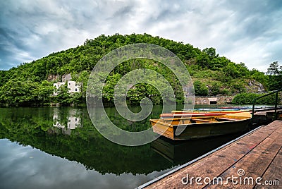 Lakeside landscape, cloudy sky, pre-storm silence Stock Photo