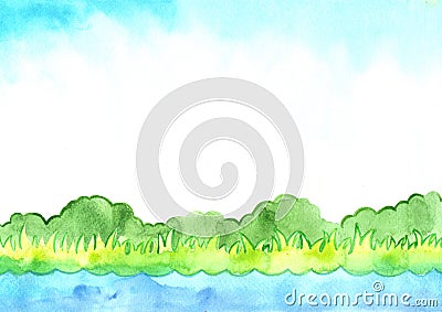 Lakeside landscape watercolor background. Stock Photo