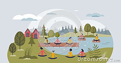 Lakeside mindfulness and meditation retreat in nature tiny person concept Vector Illustration