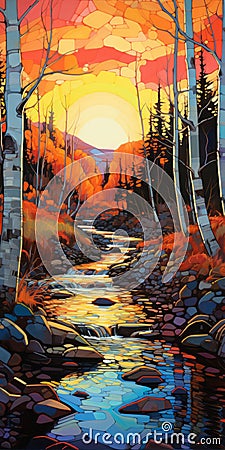 Glen With Sunset: Hyper Detailed Painting Of Birch Tree Forest Stock Photo