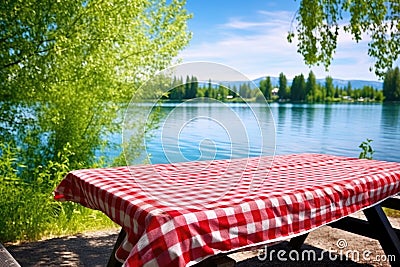 lakeside picnic table with a red checkered cloth Stock Photo