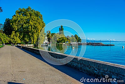 Lakeside promenade of Lac Leman in Swiss town Geneva Stock Photo