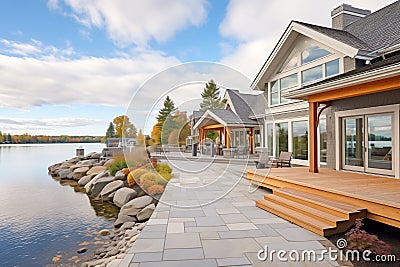 lakeside shingle home, stone walkway and dock access Stock Photo