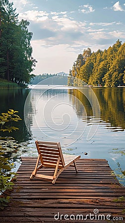 Lakeside tranquility Wooden pier with lounge chair amid the forest Stock Photo