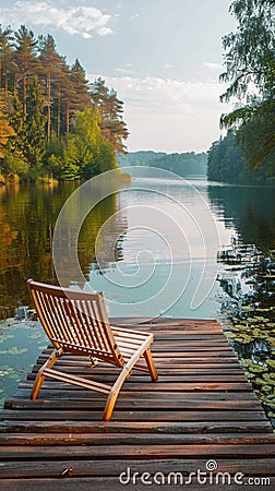 Lakeside tranquility Wooden pier with lounge chair amid the forest Stock Photo