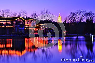 Lakeside villa's night scene Stock Photo