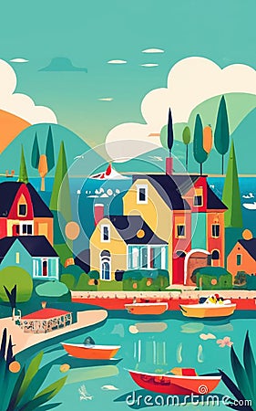 Lakeside village with charming houses and boats. Illustration Stock Photo