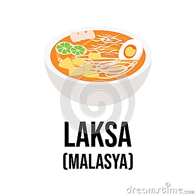 Laksa Malaysian food. Asian traditional food elements in cartoon flat style isolated on white background Vector Illustration