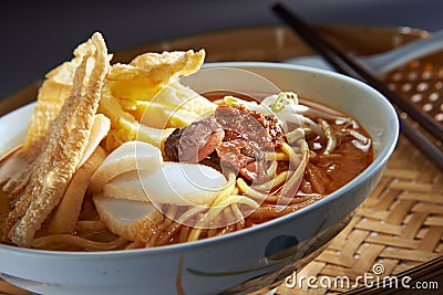 Laksa Spicy Noodle On Bamboo Basket Stock Photo