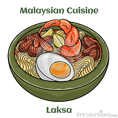 Laksa. A spicy noodle coconut soup made with prawns, beam sprouts and chill. Malaysian Cuisine Vector Illustration