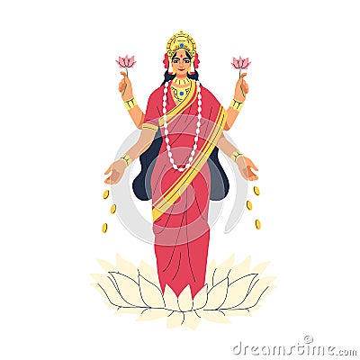 Lakshmi goddess of Hinduism, India. Divine Laxmi, Indian female Hindu character of wealth, gold. Ancient mythology woman Vector Illustration