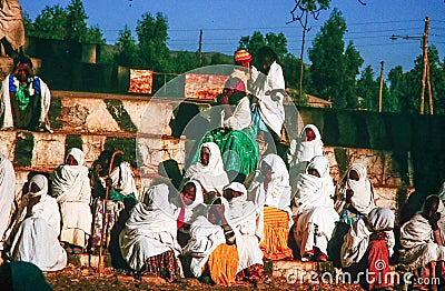 people watch the morning ceremony in Lalibela where the priest presents the holy Ark of the Covenant at a yearly orhodox Editorial Stock Photo