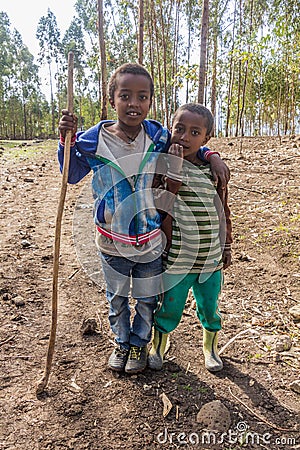 LALIBELA, ETHIOPIA - MARCH 30, 2019: Children in the fields near Lalibela, Ethiop Editorial Stock Photo