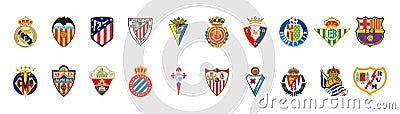 Laliga santander of Spain. Barcelona, Real Madrid, Atletico, Valencia, Athletic, Cadiz, Mallorca, Sevilla, Osasuna, Betis, Vector Illustration