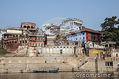 The Lalita Ghat in front of historical Nepali Temple in Varanasi. Editorial Stock Photo