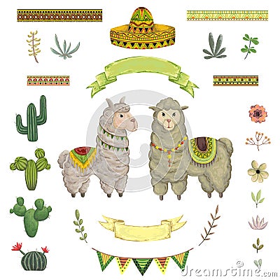 Lama animal, cacti, sombrero, ribbons, flowers and leaves. elements in watercolor style. Vector Illustration