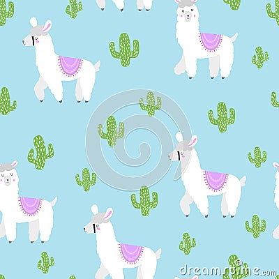 Lama. Cute cartoon alpaca. Seamless pattern. Vector. Cartoon Illustration