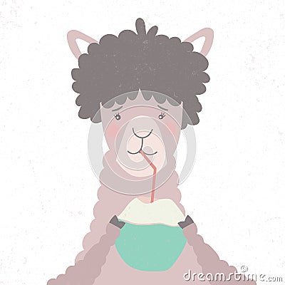 Lama drinks a cocktail with coconut. Vector Illustration
