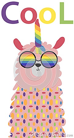 Lama in the Scandinavian style, cool, in rainbow glasses. LGBT freedom concept. No llama problem Vector Illustration