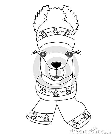 Lama in a winter hat with a scarf depicting a Christmas tree.Llama black-white for coloring, childish print for fabric Vector Illustration