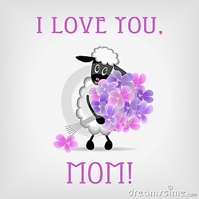 Lamb with bunch of violet flowers Vector Illustration