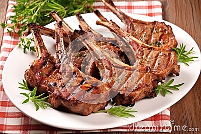 lamb chops with grill marks on porcelain plate Stock Photo