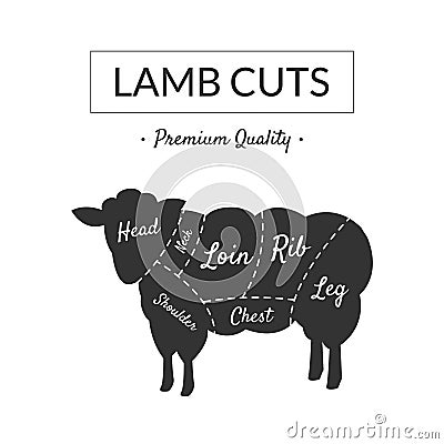 Lamb Cuts, Butcher Shop Label Premium Quality, Farm Animal with Meat Cuts Lines, Vintage Black and White Vector Vector Illustration