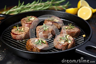 lamb medallions on a cast iron griddle coated with garlic and rosemary Stock Photo