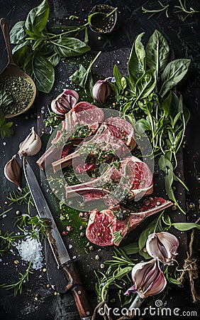 Lamb mutton fresh meat ribs with herbs Stock Photo