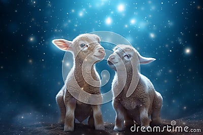 Lamb pair, illuminated by a starry blue backdrop and lantern Stock Photo