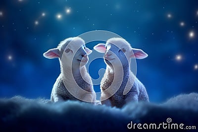 Lamb pair, illuminated by a starry blue backdrop and lantern Stock Photo