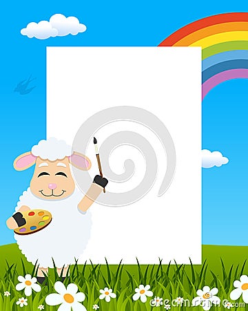 Lamb with Palette Easter Vertical Frame Vector Illustration