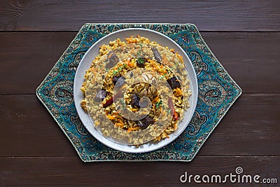 Lamb pilaf. Asian dish. Top view. Stock Photo