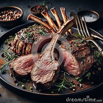 Lamb rack on a plate. The character and all objects are fictitious, the image was created using the neural network Microsoft Stock Photo