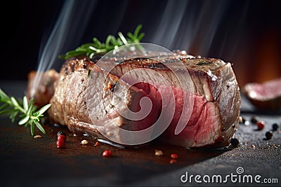 A Lamb Rib grill with meat on it and a fire in the background Stock Photo