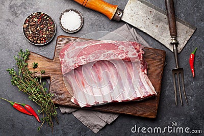Lamb ribs cooking. Raw rack of lamb Stock Photo