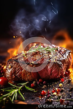 A Lamb steak with vegetables and meat on a grill Stock Photo